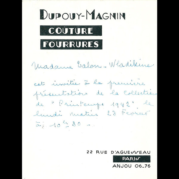 Dupouy-Magnin - Invitation de la maison de couture, 22 rue d'Aguessau à Paris (1942)