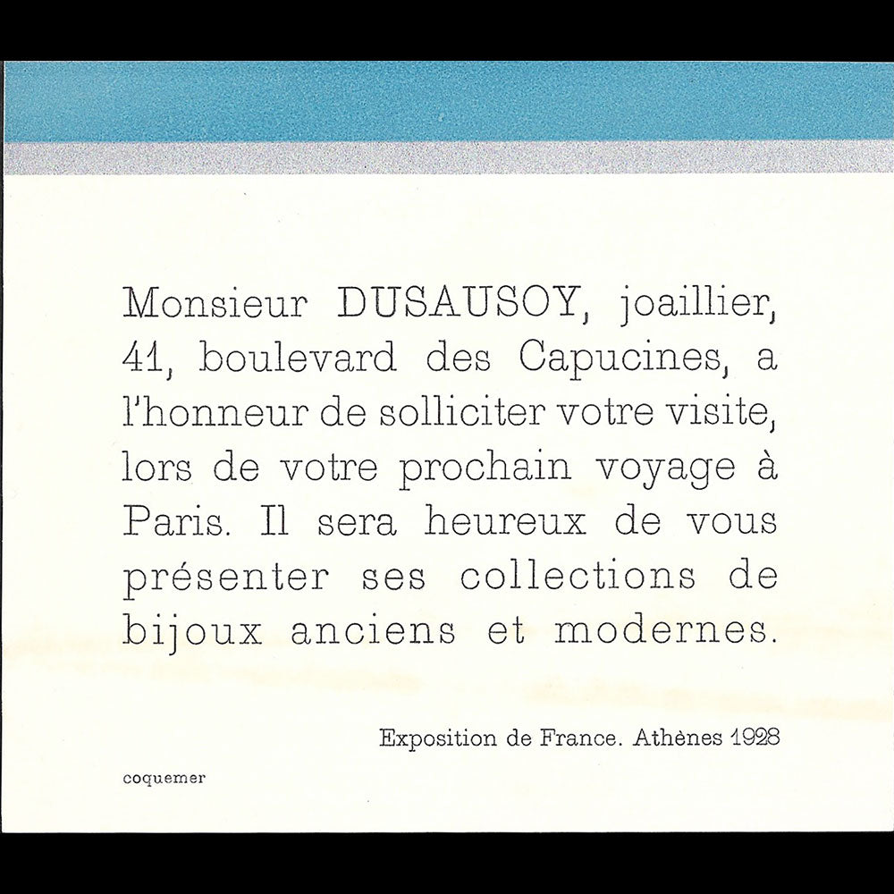 Dusausoy - Invitation de la maison de joaillerie, Exposition de France, Athènes (1928)