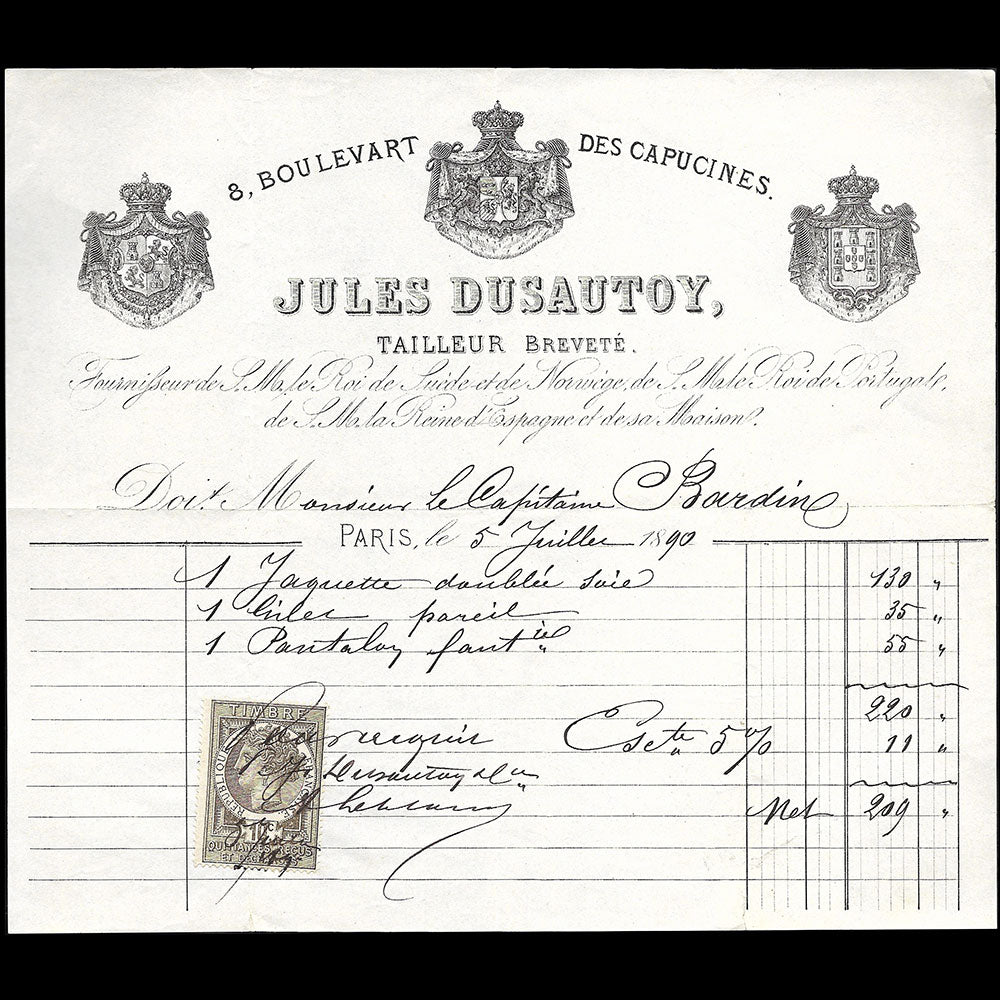 Jules Dusautoy - Facture du tailleur 8 boulevart des Capucines à Paris (1890)