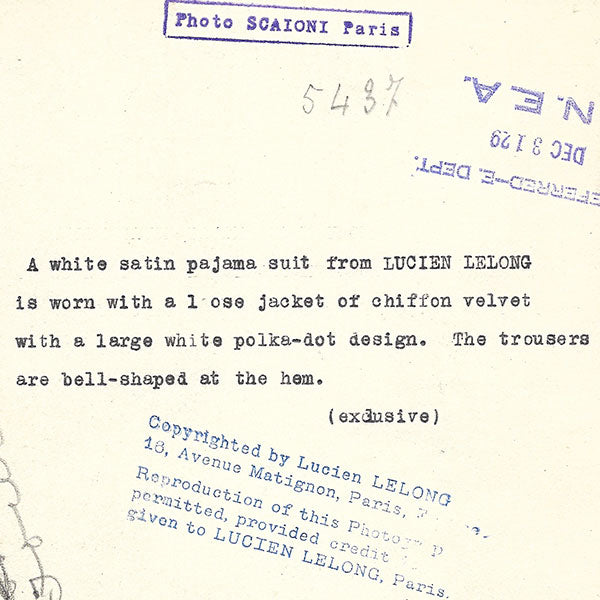 Lucien Lelong - Pyjama de satin, tirage d'époque de Scaïoni (1929)