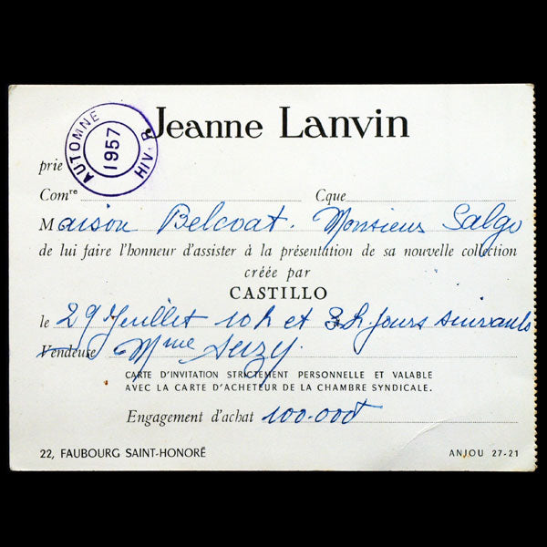 Carton d'invitation au défilé Jeanne Lanvin pour l'automne 1957