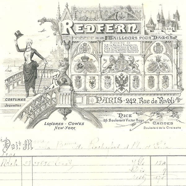 Facture de Redfern and sons, tailleur pour dames, 242, rue de Rivoli à Paris (1891)