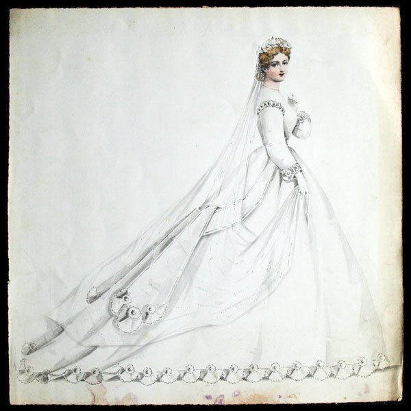 Projets de robes, ensemble de 6 dessins à l'aquarelle d'un dessinateur en costumes et robes (circa 1860-1870)