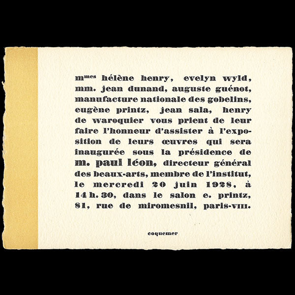 Printz - Carte d'invitation à l'exposition d'artistes au 81 rue de Miromesnil à Paris (1928)