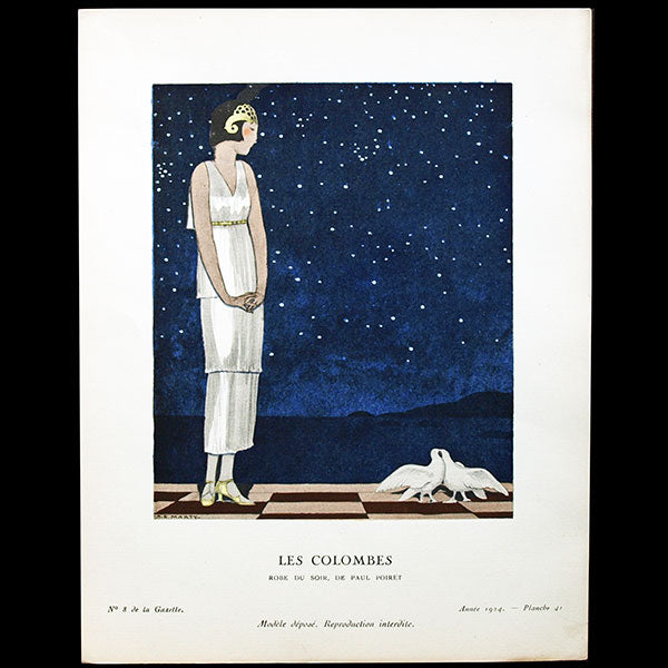 Gazette du Bon Ton - Les Colombes, robe du soir de Paul Poiret, planche d'André Marty (n°8, 1924)