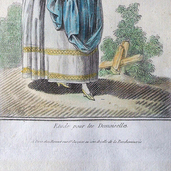 Elégante se promenant, gravure de mode de la suite Etude pour les Demoiselles d'après Jean-Baptiste Huet (1783)