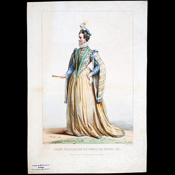 Achile Deveria - Costumes Historiques de Ville ou de Théâtre, Planche n°44, Dame Française du temps de Henri III (1831)