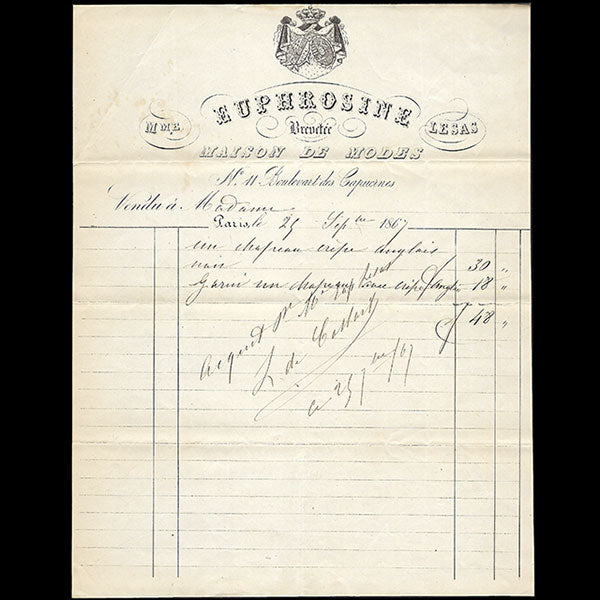Euphrosine - Facture de la maison de modes, 11 boulevart des Capucines à Paris (1867)