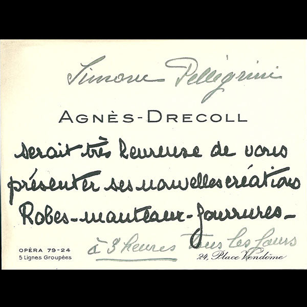 Carton d'invitation de la maison Agnès Drecoll, 24 place Vendôme à Paris (circa 1935)