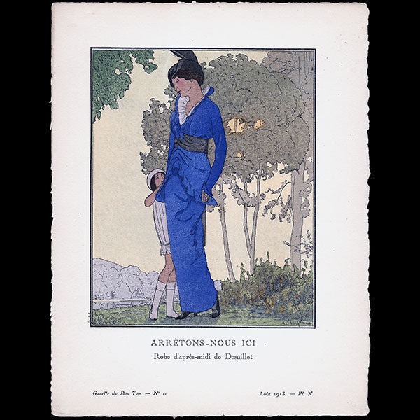 Gazette du Bon Ton - Arrêtons-nous ici, robe d'après-midi de Doeuillet, planche de Marty (n°8, 1913)