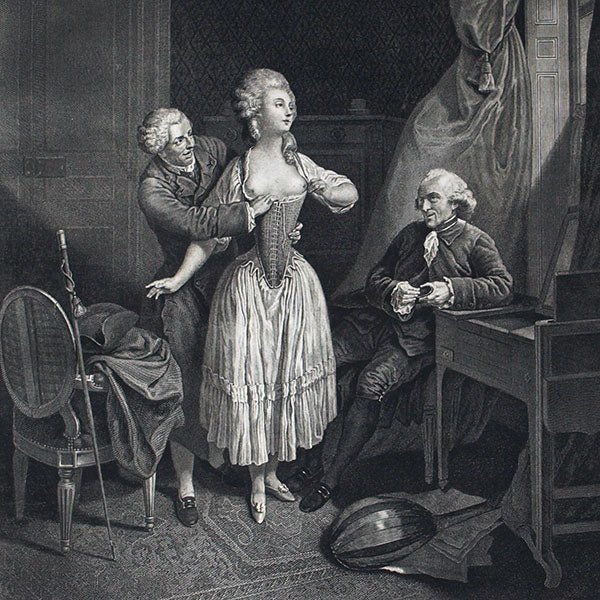 L'Essai du Corset gravé d'après le tableau de P. A. Wille par A. F. Dennel (1788), édition postérieure (XIXème siècle)