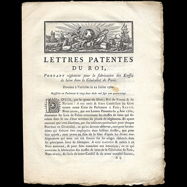 Lettres patentes du Roi relatives à la fabrication des étoffes de laine (1780)