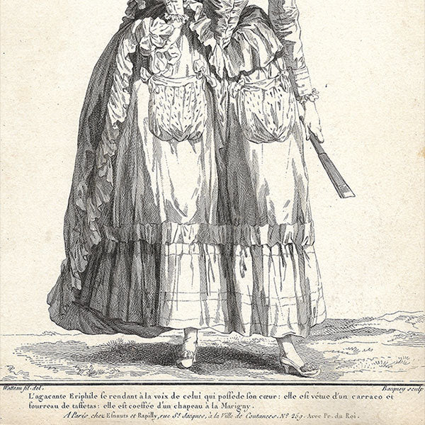 Gallerie des Modes et Costumes Français, 1778-1787, gravure n° eee 311, L'agacante Eriphile par Watteau (1785)