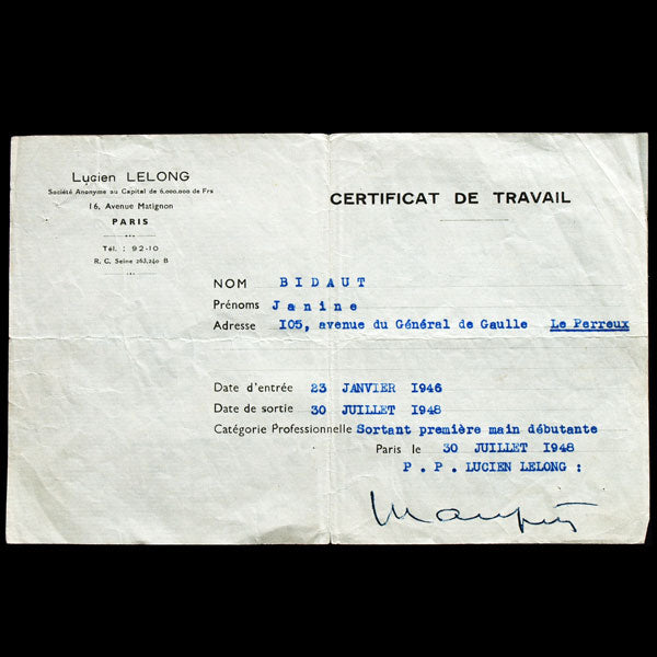 Certificat de travail de la maison Lucien Lelong (1948)