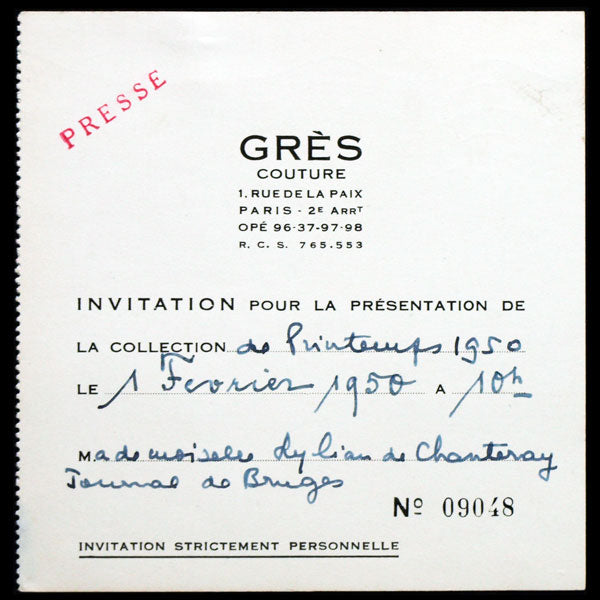 Carton d'invitation de la maison Grès, 1 rue de la Paix à Paris, Printemps 1950