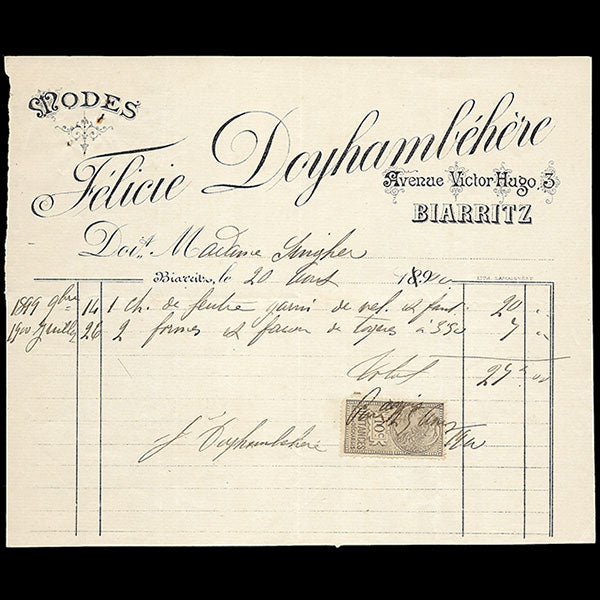 Doyhambehere - Facture de la maison de chapeaux, 3 avenue Victor Hugo à Biarritz (1899)