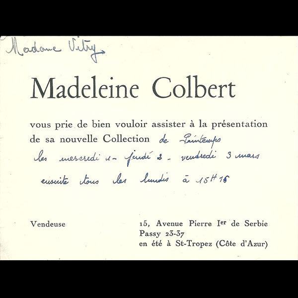 Carton d'invitation de la maison Madeleine Colbert, 15 avenue Pierre Ier de Serbie à Paris (1939)