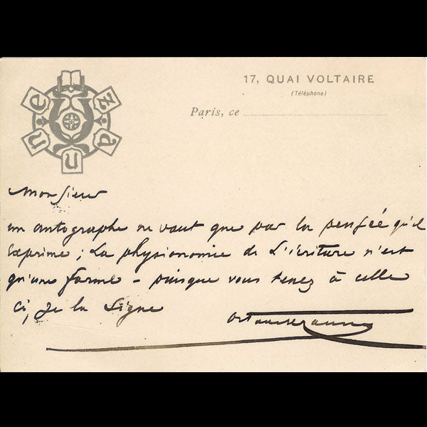 Uzanne - Carte de correspondance autographe signée, circa 1900