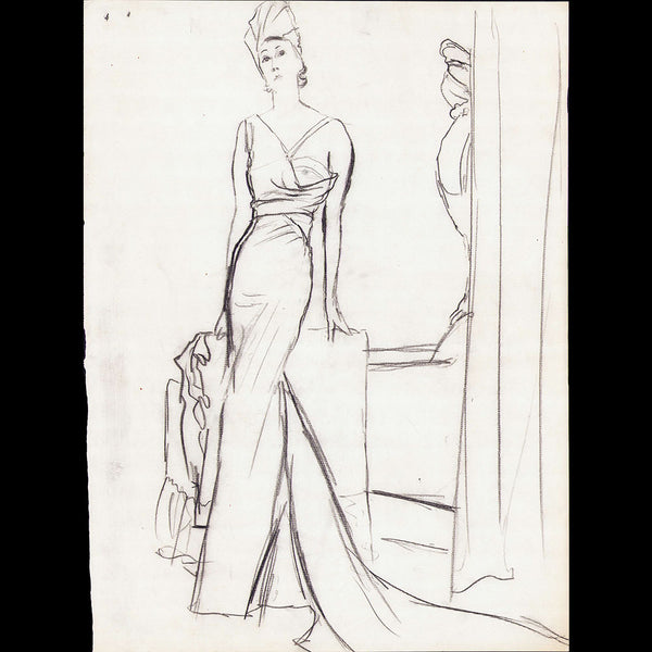 Vogue - Robe asymétrique de Schiaparelli, dessin d'Eric (1937)