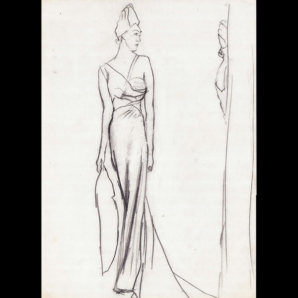Vogue - Robe asymétrique de Schiaparelli, dessin d'Eric (1937)