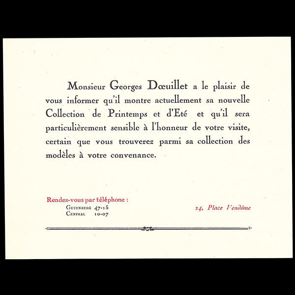 Doeuillet - Carte d'invitation aux présentations de la collection Printemps-Eté 1923