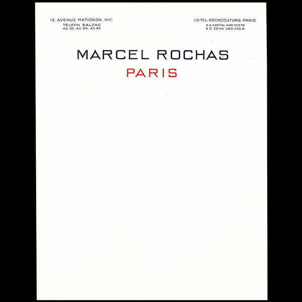 Marcel Rochas - Papier à en-tête de la maison Rochas, 12 avenue Matignon à Paris (1941)