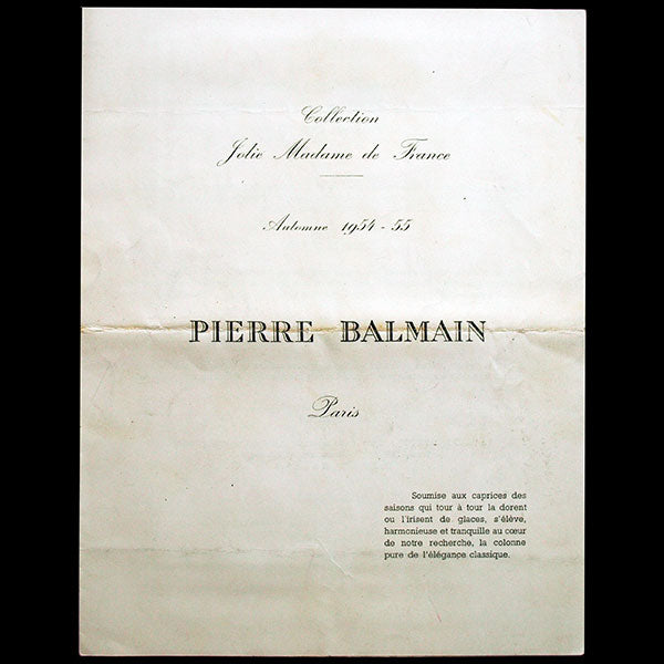 Balmain, programme de défilé, Collection Jolie Madame de France de l'Automne-Hiver 1954-1955