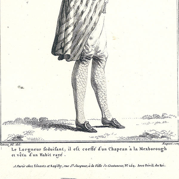 Gallerie des Modes et Costumes Français, 1778-1787, gravure n° ppp 366, le Lorgneur séduisant par Watteau (1787)