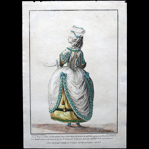 Gallerie des Modes et Costumes Français, gravure n° N 75, Jeune Dame coeffée à la Dauphine (1778)
