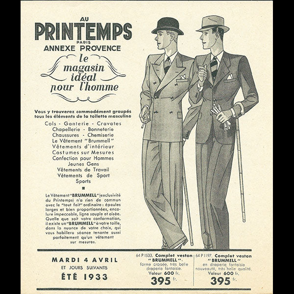 Au Printemps, le magasin idéal pour l'homme, Eté 1933