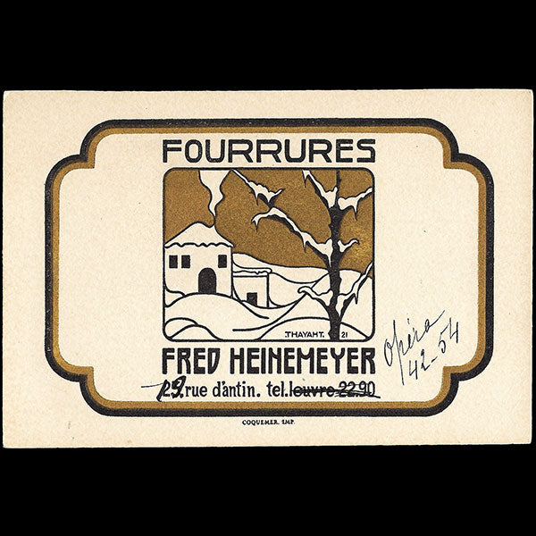 Fred Heinemeyer - Carte de la maison de fourrures, rue d'Antin à Paris (circa 1921)