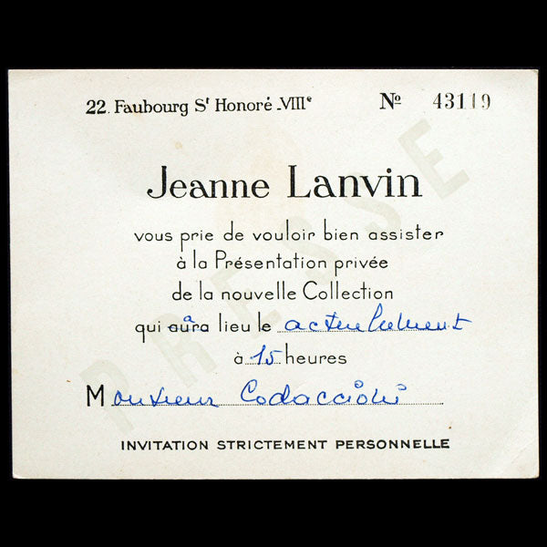 Carton d'invitation à une présentation de collection de Jeanne Lanvin (circa 1940's)