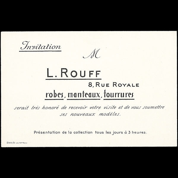 L. Rouff - carte d'invitation de la maison de couture, 8 rue Royale à Paris (circa 1910-1920)
