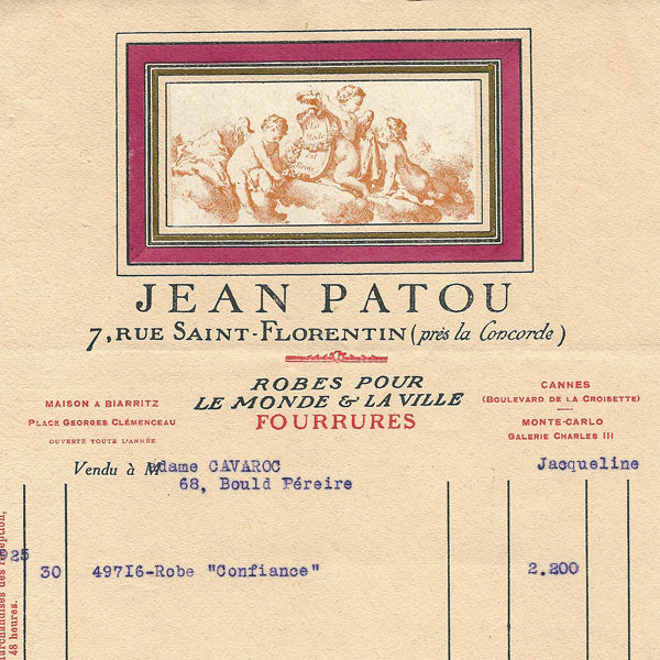 Patou - Facture de la maison Jean Patou, robes pour le monde et la ville, fourrures, 1925