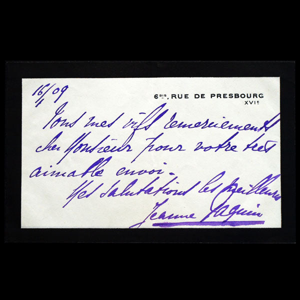 Carte autographe signée par Jeanne Paquin (1909)