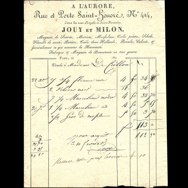 Facture du magasin de soies A l'Aurore, 414 rue et porte Saint-Honoré à Paris (circa 1820)