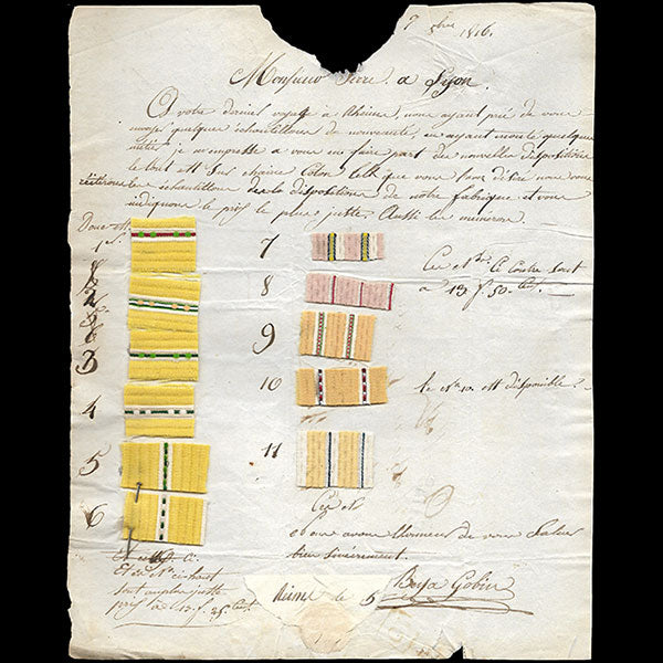 Serre et cie - Correspondance avec échantillons adressée au négociant en tissus par Beya Gobin (1816)