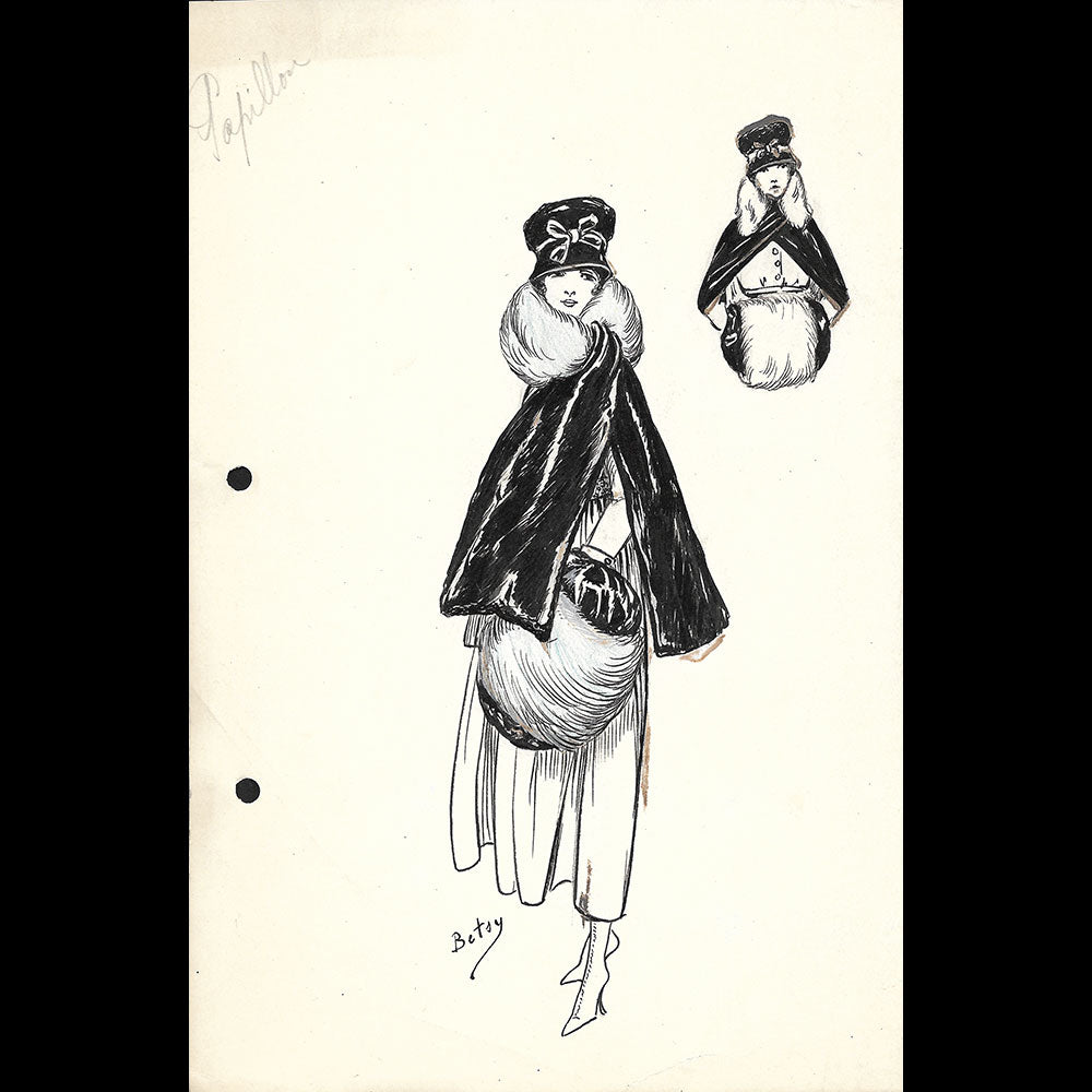 Fourrures Max - Réunion de 13 dessins de manteaux de fourrure par Betsy (circa 1915-1920)