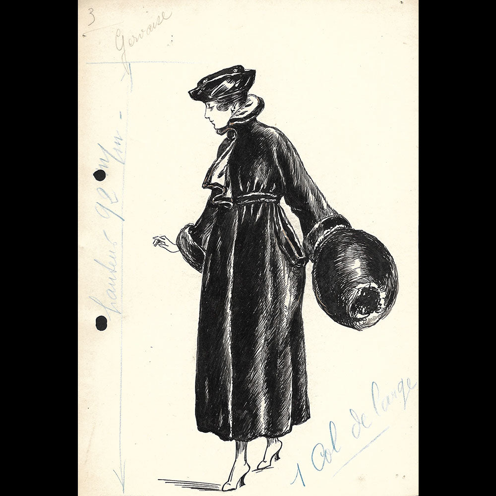 Fourrures Max - Réunion de 14 dessins de manteaux de fourrure par Betsy (circa 1915-1920)