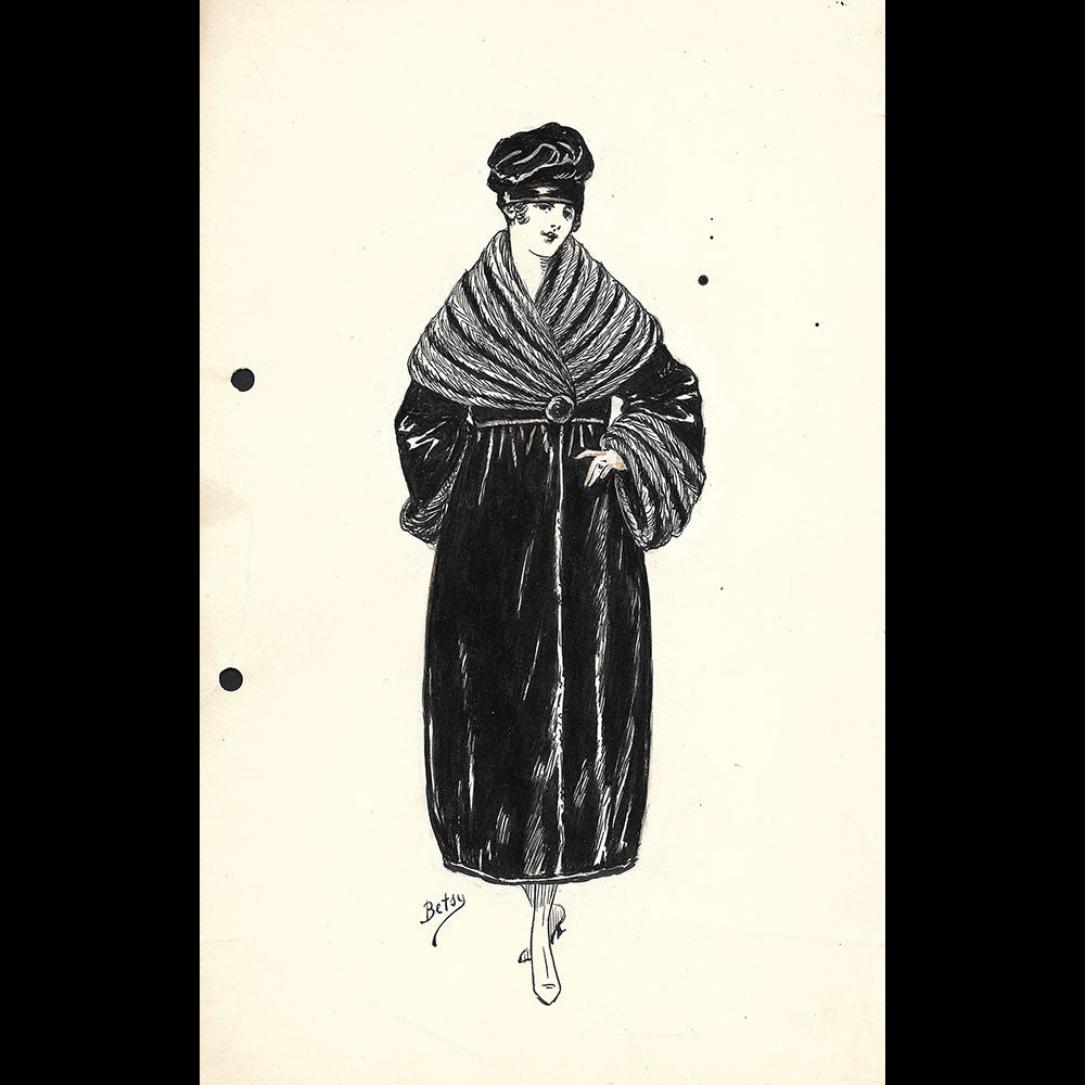 Fourrures Max - Réunion de 14 dessins de manteaux de fourrure par Betsy (circa 1915-1920)
