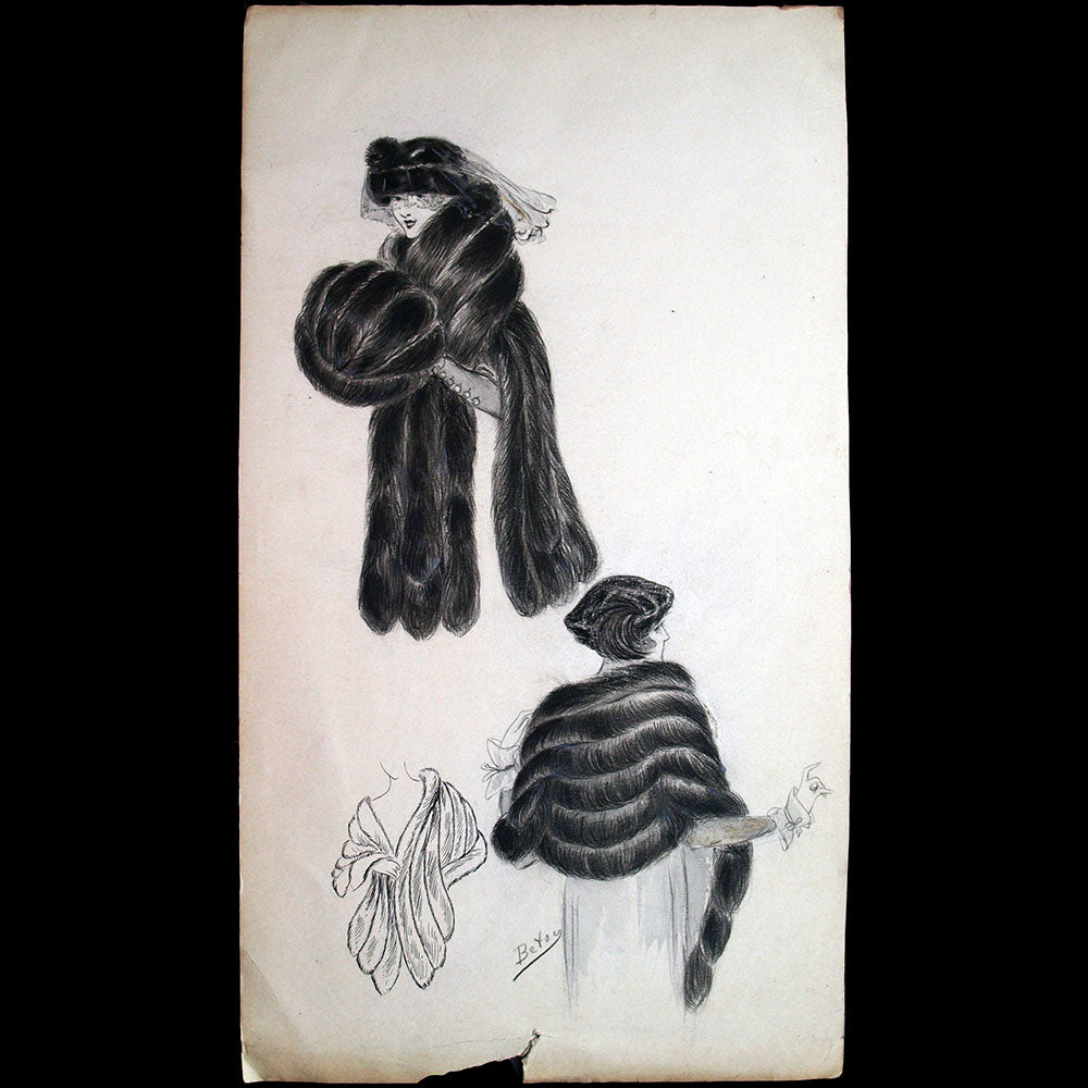 Fourrures Max - Dessin d'une cape et d'un manchon de fourrure par Betsy (circa 1915-1920)