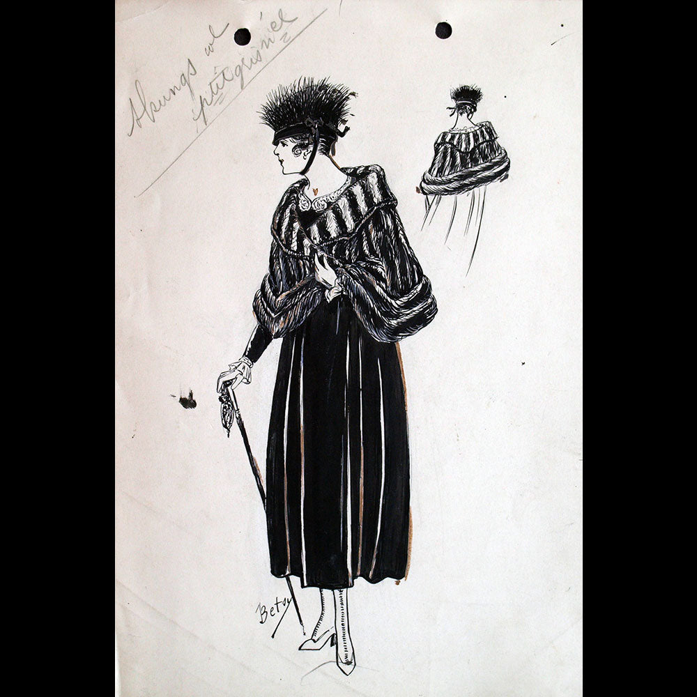 Fourrures Max - Dessin d'un manteau de fourrure en skungs et petit gris par Betsy (circa 1915-1920)