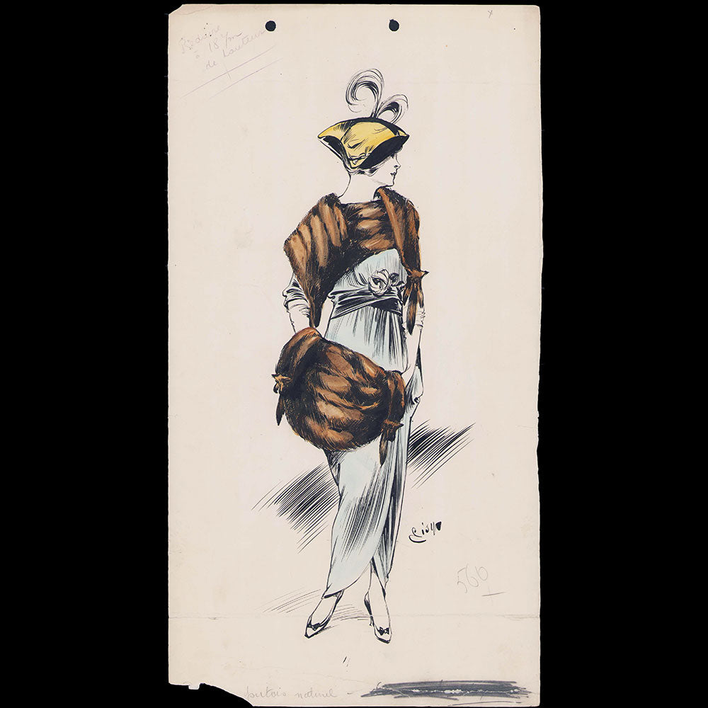Fourrures Max - Dessin d'une écharpe et d'un manchon de putois (circa 1900-1910)