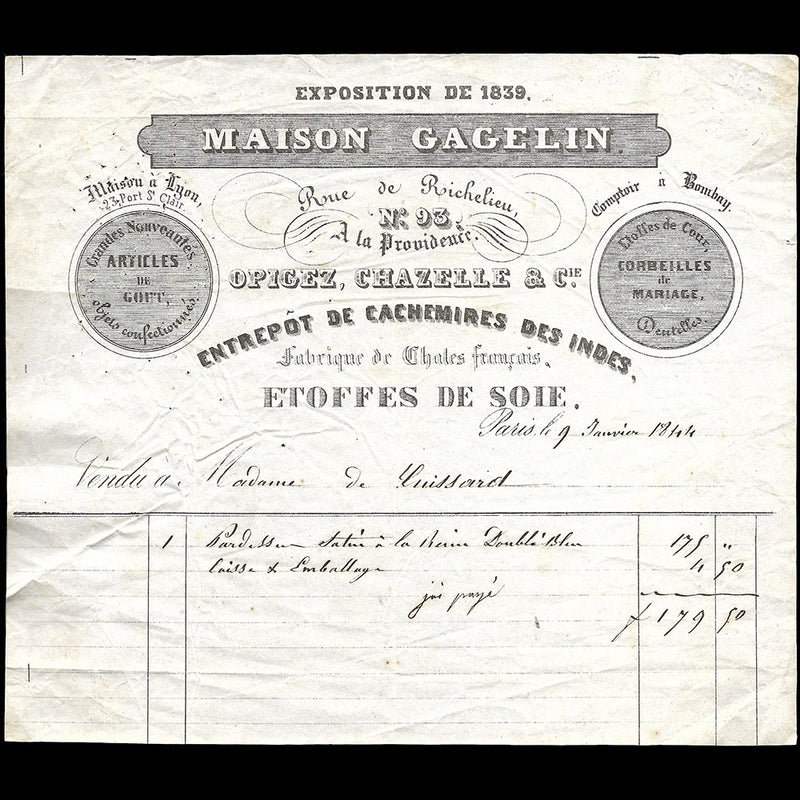 Gagelin, Opigez, Chazelle et Cie - Facture de la maison A la Providence, 93 rue de Richelieu, Paris (1844)