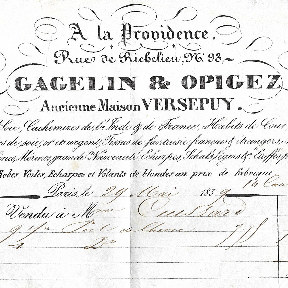 Gagelin & Opigez - Facture de la maison A la Providence, ancienne maison Versepuy, rue de Richelieu, Paris (1839)