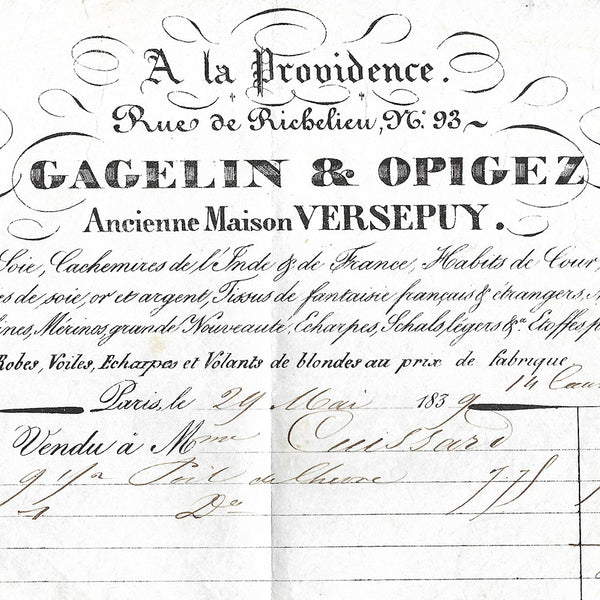 Gagelin & Opigez - Facture de la maison A la Providence, ancienne maison Versepuy, rue de Richelieu, Paris (1839)
