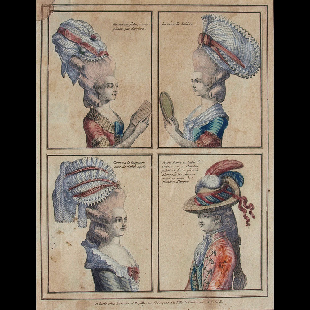 Gallerie des Modes et Costumes Français, 1778-1787, gravure n° E 26, Bonnet au fichu à trois pointes par derrière (1778)