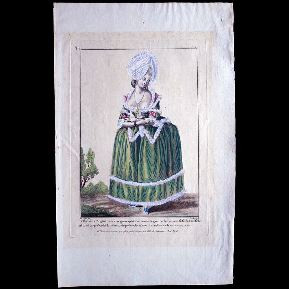 Gallerie des Modes et Costumes Français, gravure n° qq 234, Déshabillé à l'Anglaise de taffetas garni (1782)