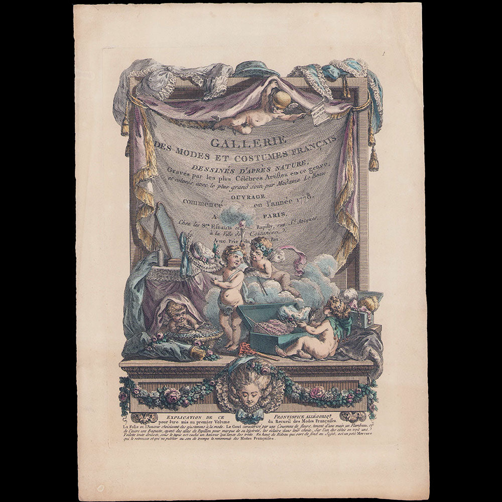Gallerie des Modes et Costumes Français, 1778-1787, gravure n°1, Page titre - frontispice (1778), reproduction postérieure du XIXème siècle