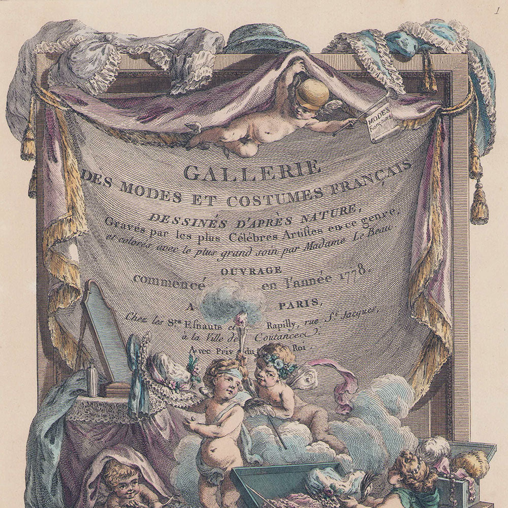 Gallerie des Modes et Costumes Français, 1778-1787, gravure n°1, Page titre - frontispice (1778), reproduction postérieure du XIXème siècle